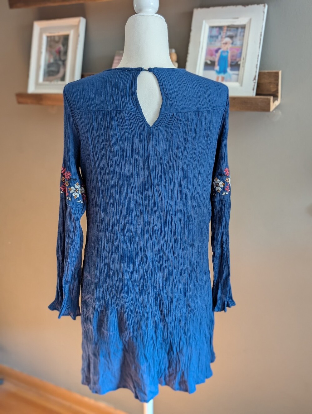 Blue Rain Embroidered Mini Dress Long Sleeve Blue Floral Boho Folk Cottagecore S - Picture 3 of 5